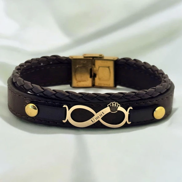 14 Ayar Altın Plakalı İsme Özel Taç Detaylı Sonsuzluk Motifli Hakiki Kahverengi Derili Hediye Bileklik-614 ürün görseli