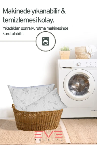 2 Adet Bamboo Gri Serisi Kılıflı Fermuarlı Yıkanabilir Antialerjik Silikon Elyaf Yastık 50x70cm 800 gr - Resim 6