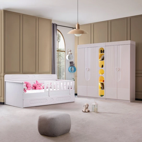 Flora Çocuk Odası Takımı, Flora Yavrulu Karyola, Vira 4 Kapaklı Dolap, Kitaplık - Beyaz ürün görseli