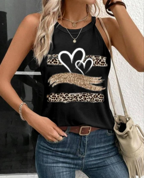 Kadın Sıfır Kol Halter Yaka Kalp Baskılı Viskon Bluz - Resim 3