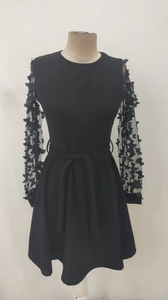 Kadın Uzun Kollu Bisiklet Yaka Kollar Tül Kelebek Detaylı Ithal Krep Elbise - Resim 8