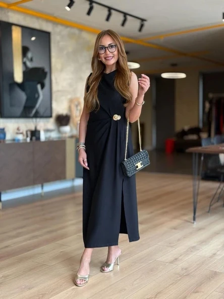 Kadın Sıfır Kollu Bisiklet Yaka Belden Büzgülü Yırtmaç Detaylı Janjan Krep Elbise - Resim 6