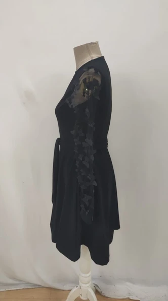 Kadın Uzun Kollu Bisiklet Yaka Kollar Tül Kelebek Detaylı Ithal Krep Elbise - Resim 9