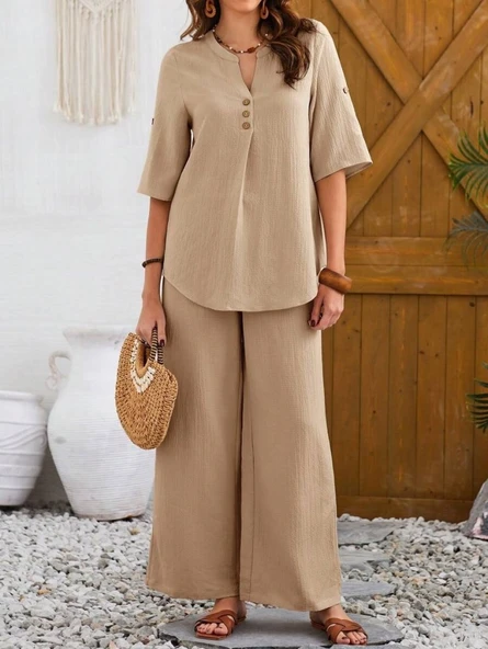 Kadın Kısa Kollu V Hakim Yaka Düğmeli Bürümcük Bluz Ve Pantolon Ikili Takım - Resim 5