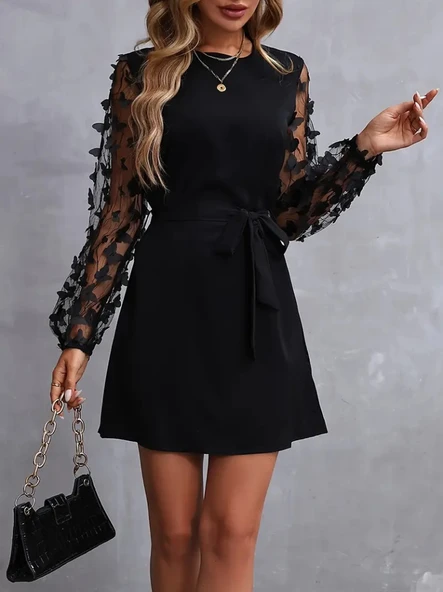 Kadın Uzun Kollu Bisiklet Yaka Kollar Tül Kelebek Detaylı Ithal Krep Elbise - Resim 2