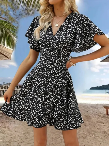 Kadın Kısa Kollu Kolu Ve Eteği Volanlı Fırfırlı çiçek Desenli Mini Elbise - Resim 5