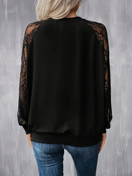 Kadın Uzun Dantel Kollu Bisiklet Yaka Viskon Bluz - Resim 3