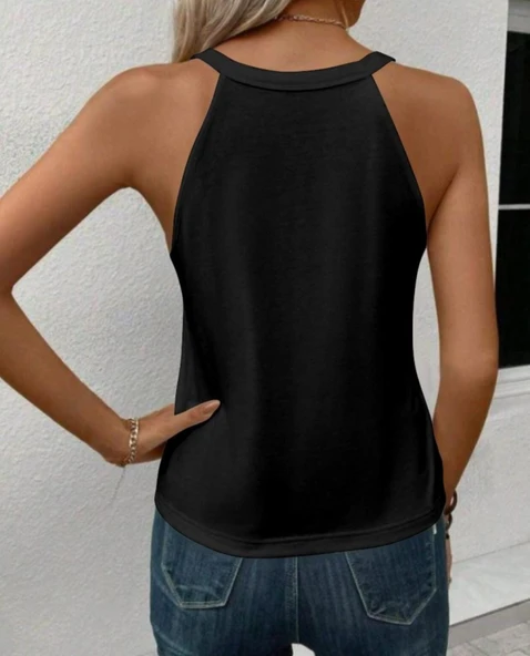 Kadın Sıfır Kol Halter Yaka Kalp Baskılı Viskon Bluz - Resim 2