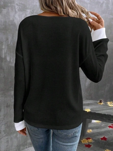 Kadın Uzun Kollu V Yakalı Waffle Bluz - Resim 5