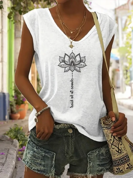 Kadın Kısa Kollu V Yaka önü Desenli Salaş Viskon Bluz - Resim 3