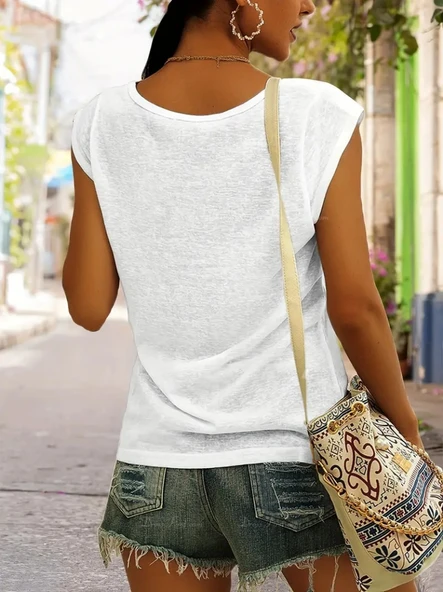 Kadın Kısa Kollu V Yaka önü Desenli Salaş Viskon Bluz - Resim 4