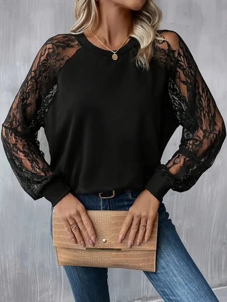 Kadın Uzun Dantel Kollu Bisiklet Yaka Viskon Bluz - Resim 5