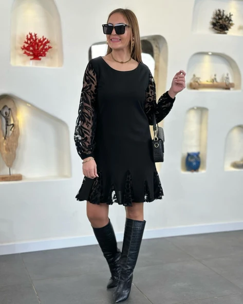 Kadın Uzun Kollu Yuvarlak Yaka Kol Ve Etek Ucu Dantelli Kısa Ithal Krep Elbise - Resim 2