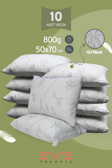 10 Adet Bamboo Gri Serisi Kılıflı Fermuarlı Yıkanabilir Antialerjik Silikon Elyaf Yastık 50x70cm 800 gr ürün görseli