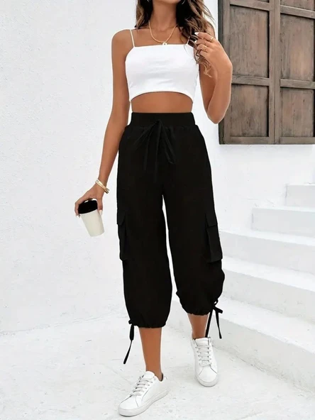 Kadın Yüksek Bel Beli Lastikli Bağcıklı Cepli Kargo Viskon Iki Iplik Pantolon - Resim 5