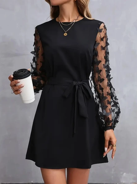 Kadın Uzun Kollu Bisiklet Yaka Kollar Tül Kelebek Detaylı Ithal Krep Elbise - Resim 4