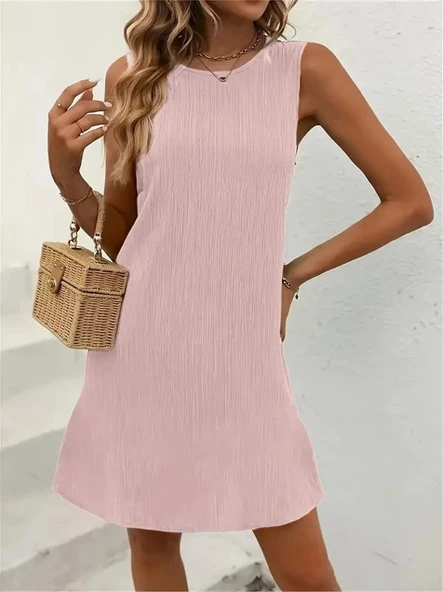 Kadın Sıfır Kollu Bisiklet Yaka Bürümcük Elbise - Resim 3