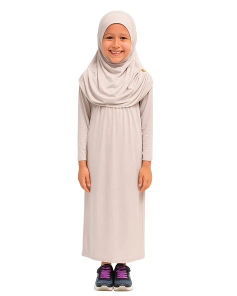 Penye Kendinden Başörtülü Çocuk Namaz Elbisesi Krem/ 6-7-8 yaş - 1