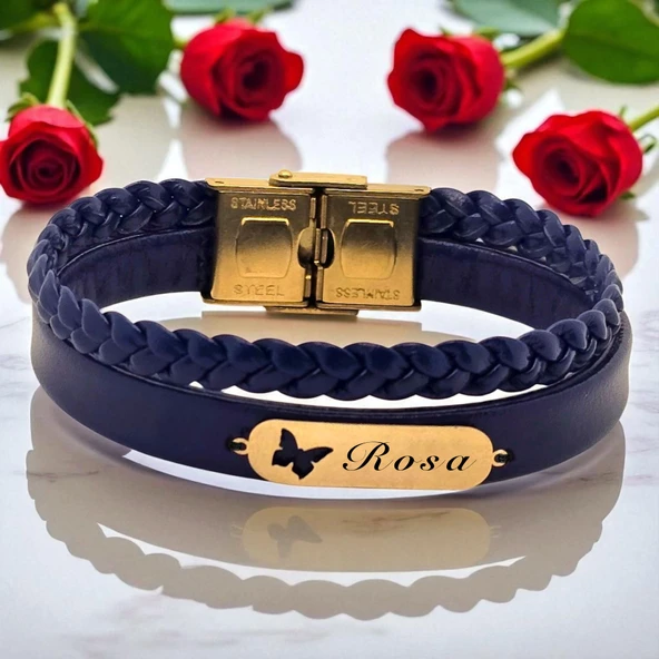 14 Ayar Altın Plakalı İsme Özel Kelebek Motifli Doğal Lacivert Derili Hediye Bileklik-616 ürün görseli