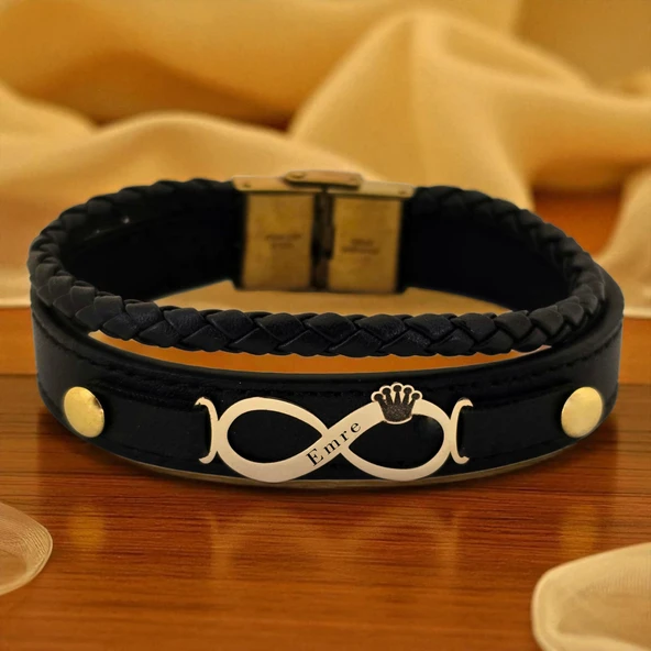 14 Ayar Altın Plakalı İsme Özel Taç Detaylı Sonsuzluk Figürlü Hakiki Siyah Derili Hediye Bileklik-615 ürün görseli