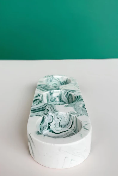 El Yapımı Yeşil Mermer Desenli 3 Gözlü Beton Tealight Mumluk | Minimal Dekoratif Şamdan - 5
