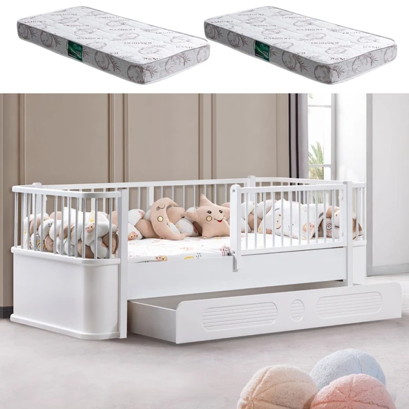 Yavrulu Karyola, Antalya Montessori Yavrulu Yatak - Beyaz + 2 Adet Comfort Yatak ürün görseli 1