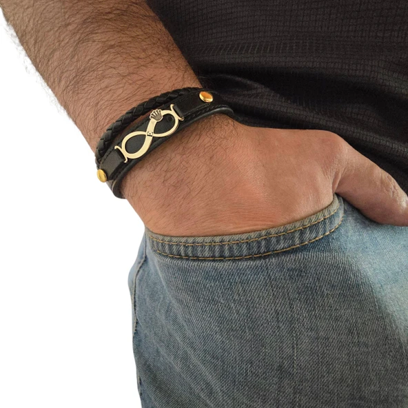 14 Ayar Altın Plakalı Harfe Özel Hakiki Siyah Derili Taç Detaylı Sonsuzluk Figürlü Hediye Bileklik-615 - Resim 2