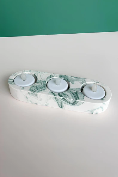 El Yapımı Yeşil Mermer Desenli 3 Gözlü Beton Tealight Mumluk | Minimal Dekoratif Şamdan - 2