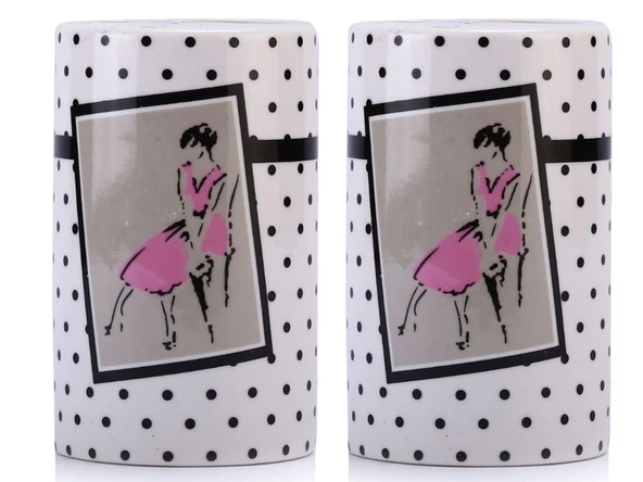 2 ADET KALEMLİK PEMBE ELBİSELİ KADIN MODEL SERAMİK OFİS GERECİ 7X7X11CM - 2