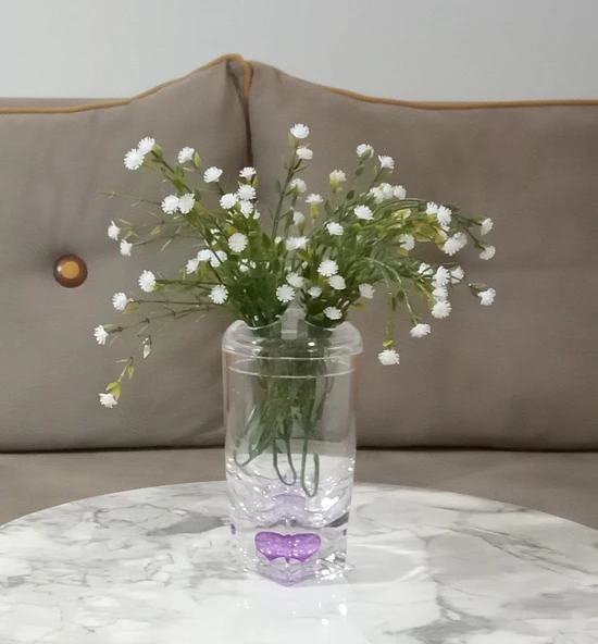 2 ADET VAZO DAHİL,VAZODA ÇİÇEK,BEYAZ YAPAY ÇİÇEK,VAZO DEKORATİF MOR DAMLALI 6X6X19CM - 2