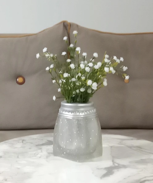 2 ADET VAZO DAHİL,VAZODA ÇİÇEK,BEYAZ YAPAY ÇİÇEK,VAZO DEKORATİF KRİSTAL TAŞLI GÜMÜŞ POLİRESİN 7X7X15CM - 2