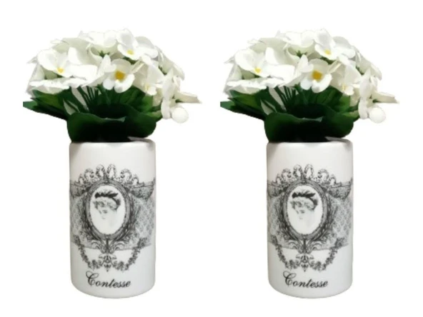 2 ADET VAZO DAHİL,VAZODA ÇİÇEK,BEYAZ YAPAY ÇİÇEK,VAZO DEKORATİF KRALİÇE MODEL 7X7X16CM