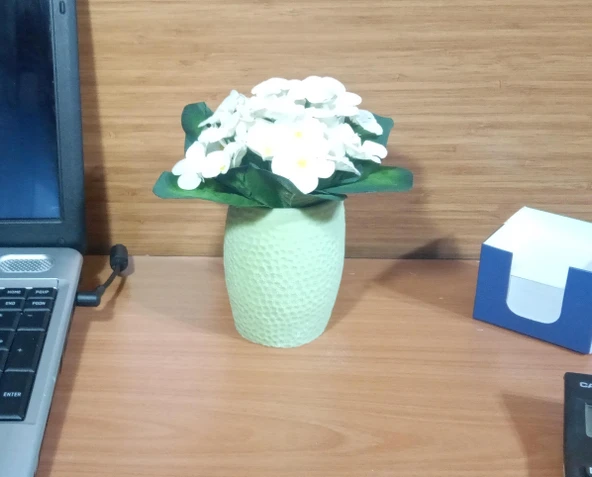 2 ADET VAZO DAHİL,VAZODA ÇİÇEK,BEYAZ YAPAY ÇİÇEK,VAZO YEŞİL PETEK DESENLİ POLİRESİN 8x8x15cm - 3