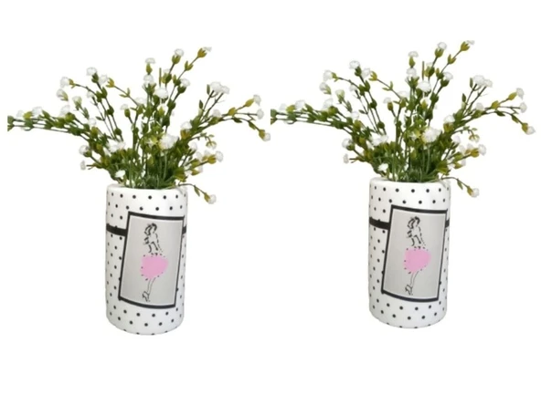2 ADET VAZO DAHİL,VAZODA ÇİÇEK,BEYAZ YAPAY ÇİÇEK,VAZO DEKORATİF PEMBE ELBİSELİ KADIN 7X7X16CM