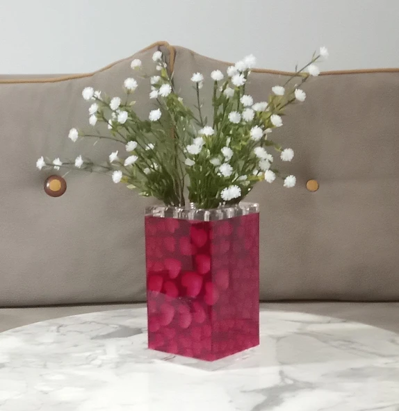 2 ADET VAZO DAHİL,VAZODA ÇİÇEK,BEYAZ YAPAY ÇİÇEK,VAZO DEKORATİF KALPLİ 7X7X17CM - 2