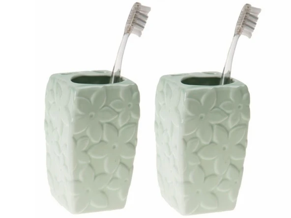 2 ADET SERAMİK DİŞ FIRÇALIK ÇİÇEKLİ SU YEŞİLİ 7X7X12CM  BANYO SETİ