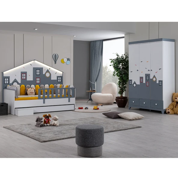 Montessori Çocuk Odası - City Montessori 3 Kapılı Dolap, Yavrulu Karyola - Gri