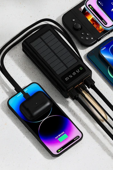 30.000 mAh Güneş Enerjili Powerbank  22.5W Hızlı Şarj, Çoklu USB Çıkış, Dahili Kablo ve Dijital Ekranlı Taşınabilir Şarj Cihazı - 7