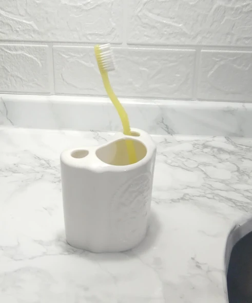 2 ADET SERAMİK DİŞ FIRÇALIK ÇİÇEKLİ OVAL MODEL 8X5X10CM BANYO SETİ - Resim 2