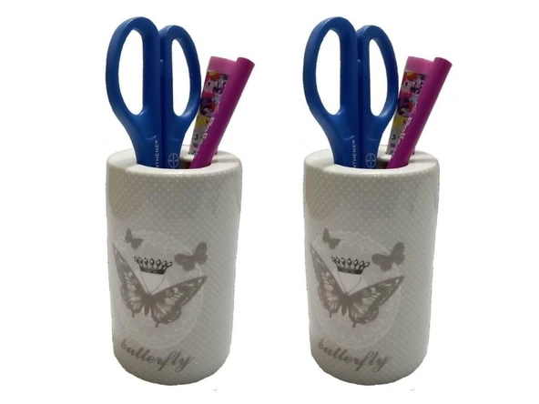 2 ADET KALEMLİK KELEBEK DESENLİ SERAMİK OFİS GERECİ 7X7X11CM