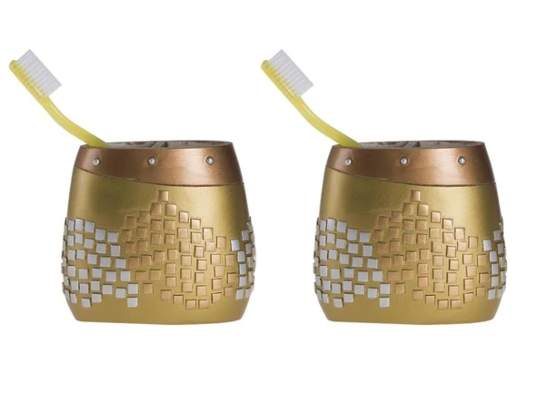 2 ADET DİŞ FIRÇALIK ALTIN MOZAİK POLİRESİN 10X10X5CM BANYO SETİ ürün görseli