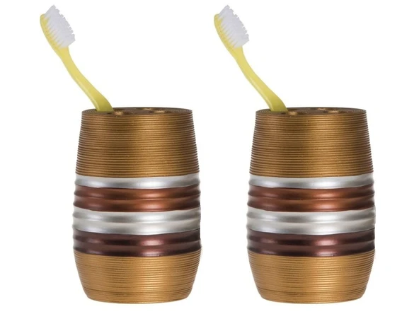 2 ADET DİŞ FIRÇALIK METALİK KAHVE POLİRESİN 6X6X12CM BANYO SETİ ürün görseli