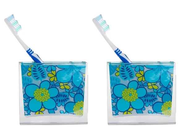 2 ADET DİŞ FIRÇALIK MAVİ ÇİÇEKLİ AKRİLİK 10X10X3CM BANYO SETİ ürün görseli