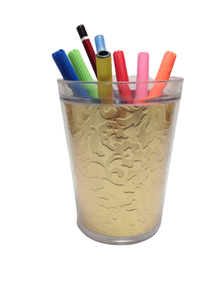 2 ADET KALEMLİK ALTIN YAPRAK DESENLİ OFİS GERECİ 9X9X12CM 370ML - 2