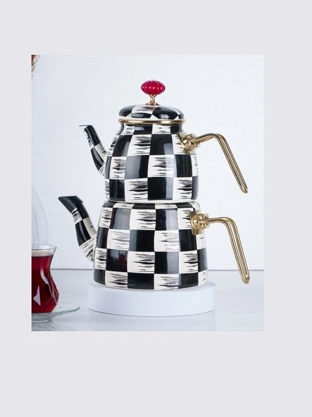 Kenzo Qualita King Alt Üst Emaye Çaydanlık Takımı Dama Dekor - 4