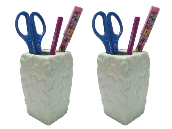 2 ADET KALEMLİK ÇİÇEKLİ SU YEŞİLİ SERAMİK OFİS GERECİ 7X7X12CM