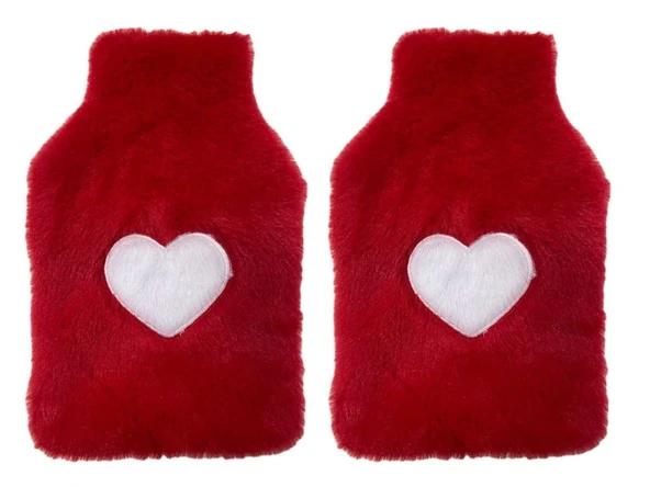 2 ADET SICAK SU TORBASI PELUŞ KALPLİ,KIRMIZI TERMOFOR 27X17X2CM 1 LİTRE - Resim 2