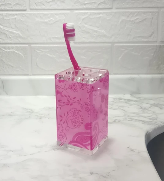 2 ADET DİŞ FIRÇALIK PEMBE ÇİÇEKLİ AKRİLİK 6X6X12CM BANYO SETİ - Resim 2