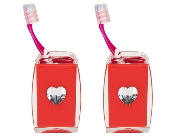 2 ADET DİŞ FIRÇALIK KRİSTAL TAŞLI KIRMIZI KALPLİ AKRİLİK 6X6X11CM BANYO SETİ