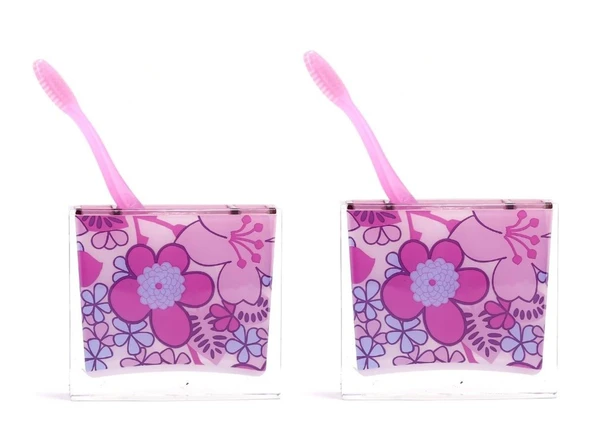 2 ADET DİŞ FIRÇALIK PEMBE ÇİÇEKLİ AKRİLİK 10X10X3CM BANYO SETİ